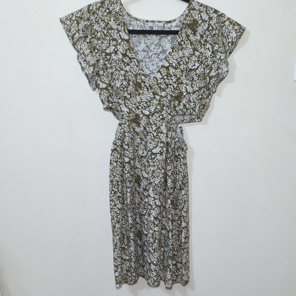 Rails Nyla Mini Cutout Dress Olive Vine Color Green Floral Flutter Sleeve Size S